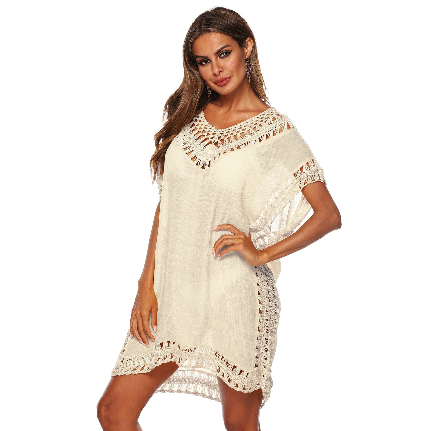 Bikini Cover - Up Kleid – V - Ausschnitt Strandkleid mit Häkeldetails für Damen - 06A0CD8D03B948238049A1217E2F0873