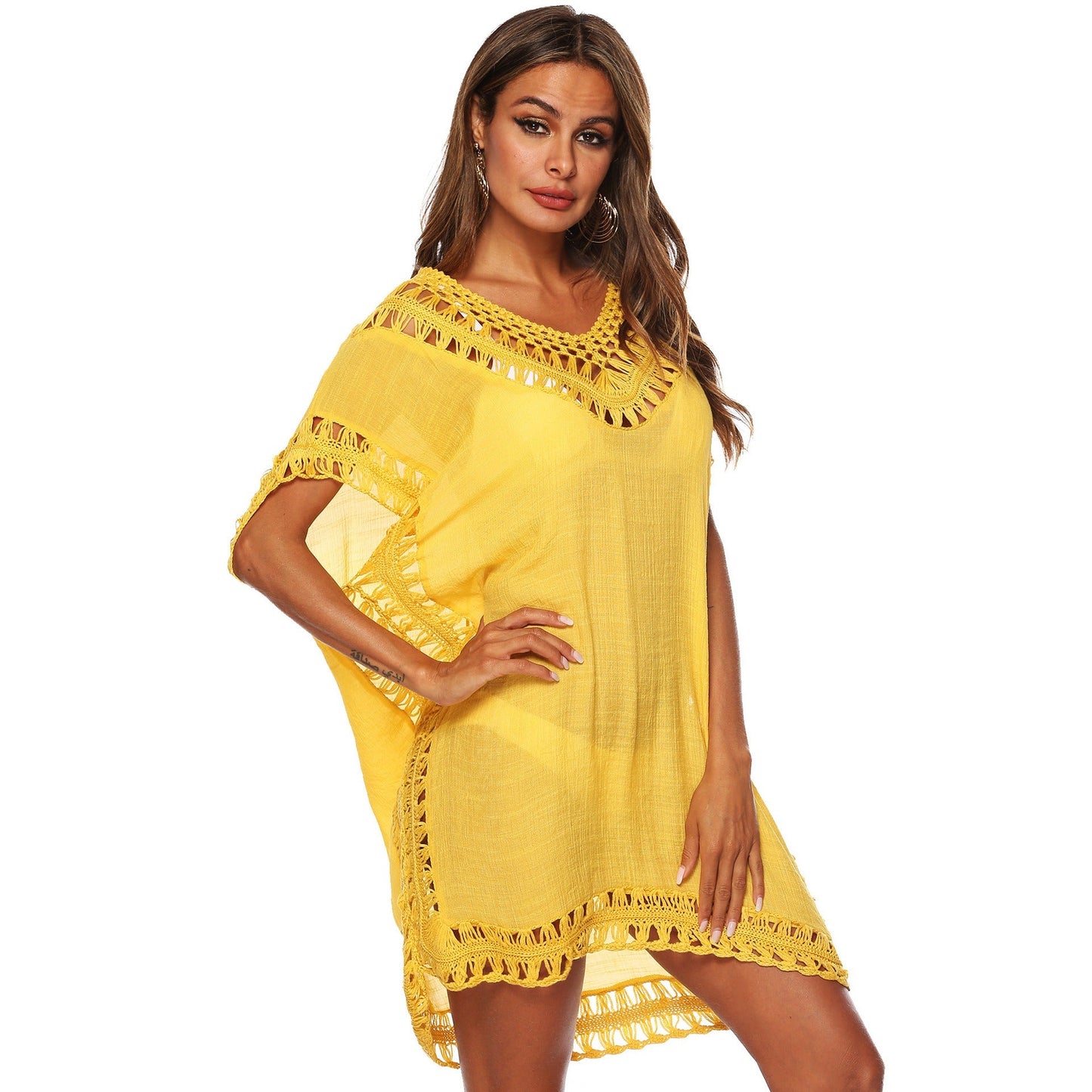 Bikini Cover - Up Kleid – V - Ausschnitt Strandkleid mit Häkeldetails für Damen - 752FF203717444929C0B2B878489CF94