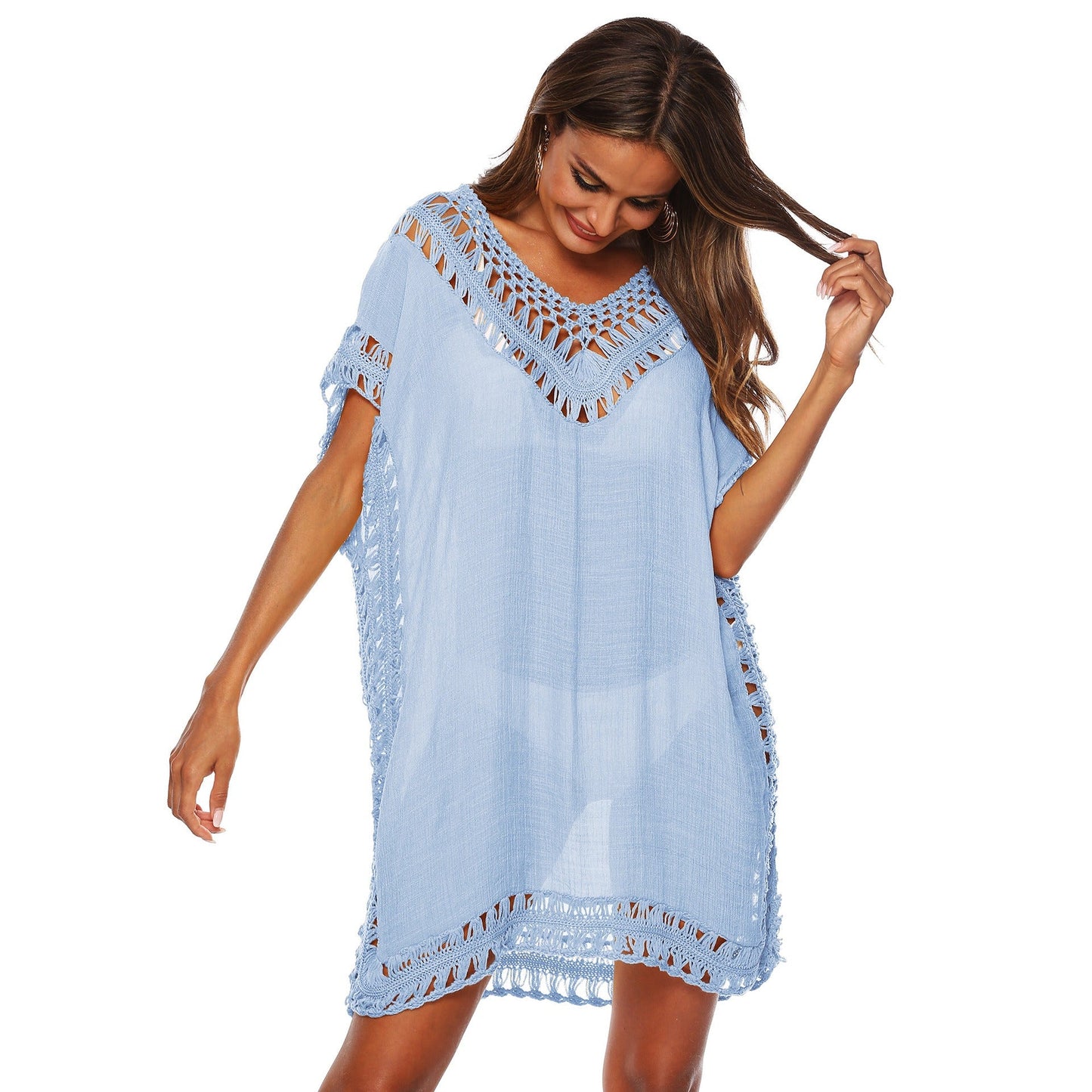 Bikini Cover - Up Kleid – V - Ausschnitt Strandkleid mit Häkeldetails für Damen - DC74DBF0D84644D8B37087799ECF9AD3