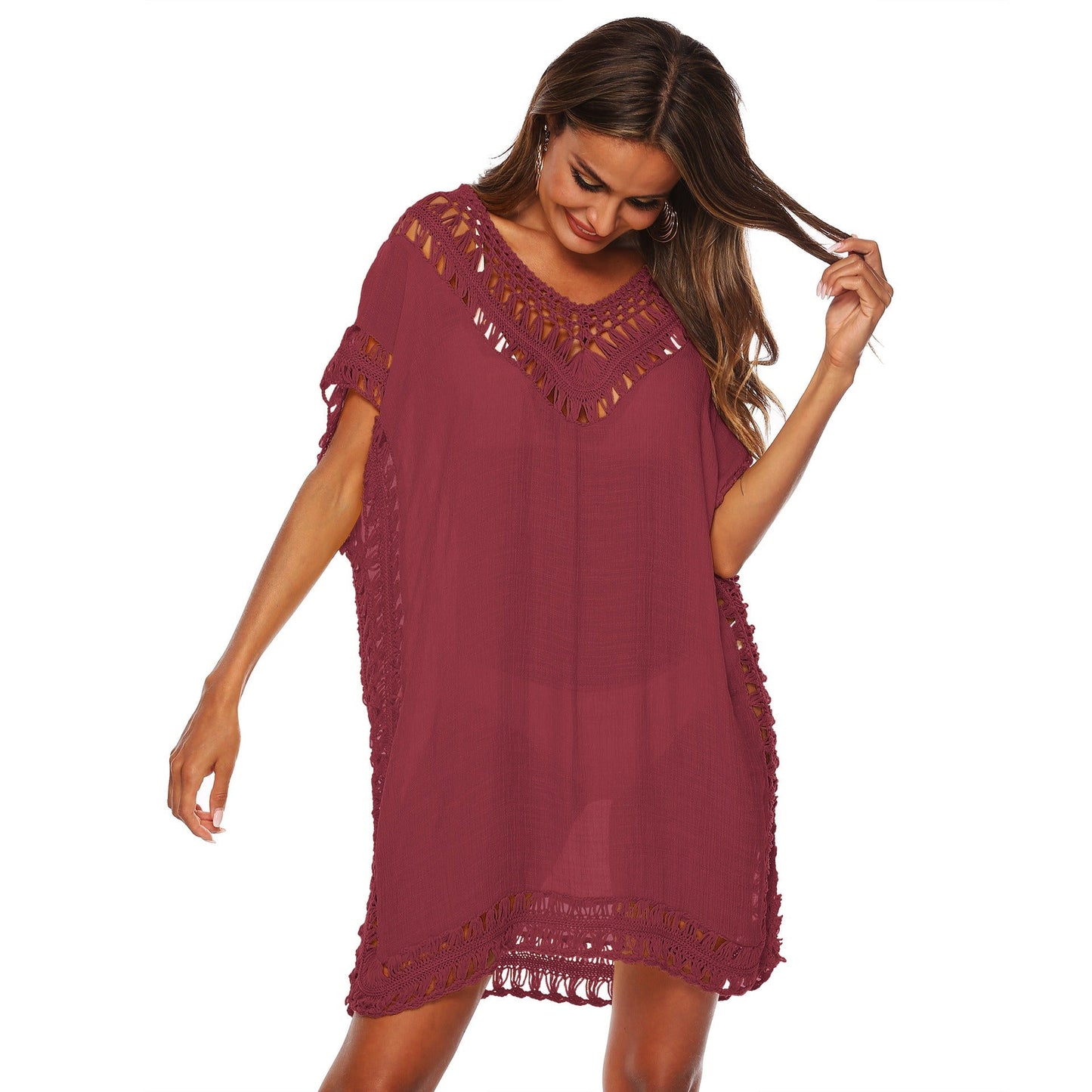 Bikini Cover - Up Kleid – V - Ausschnitt Strandkleid mit Häkeldetails für Damen - D0CD1EFE163D402EADA1AFD2F585E563