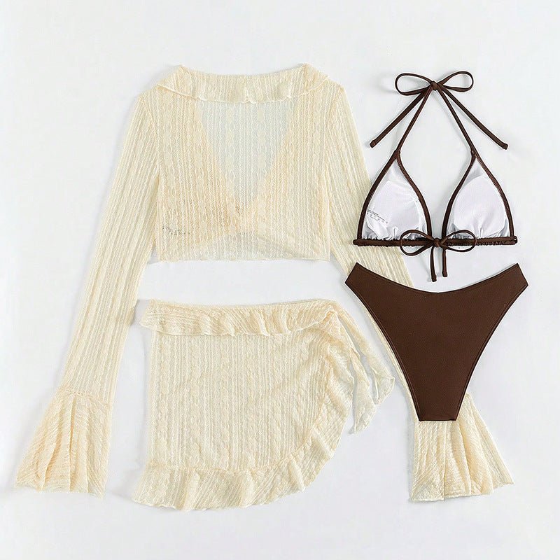 Gelbes 4 - teiliges Mesh Badeanzug Set – Langärmliger Kapuzen - Bikini für Damen - 2A2A16A84538408A9BF8359B238BE97A