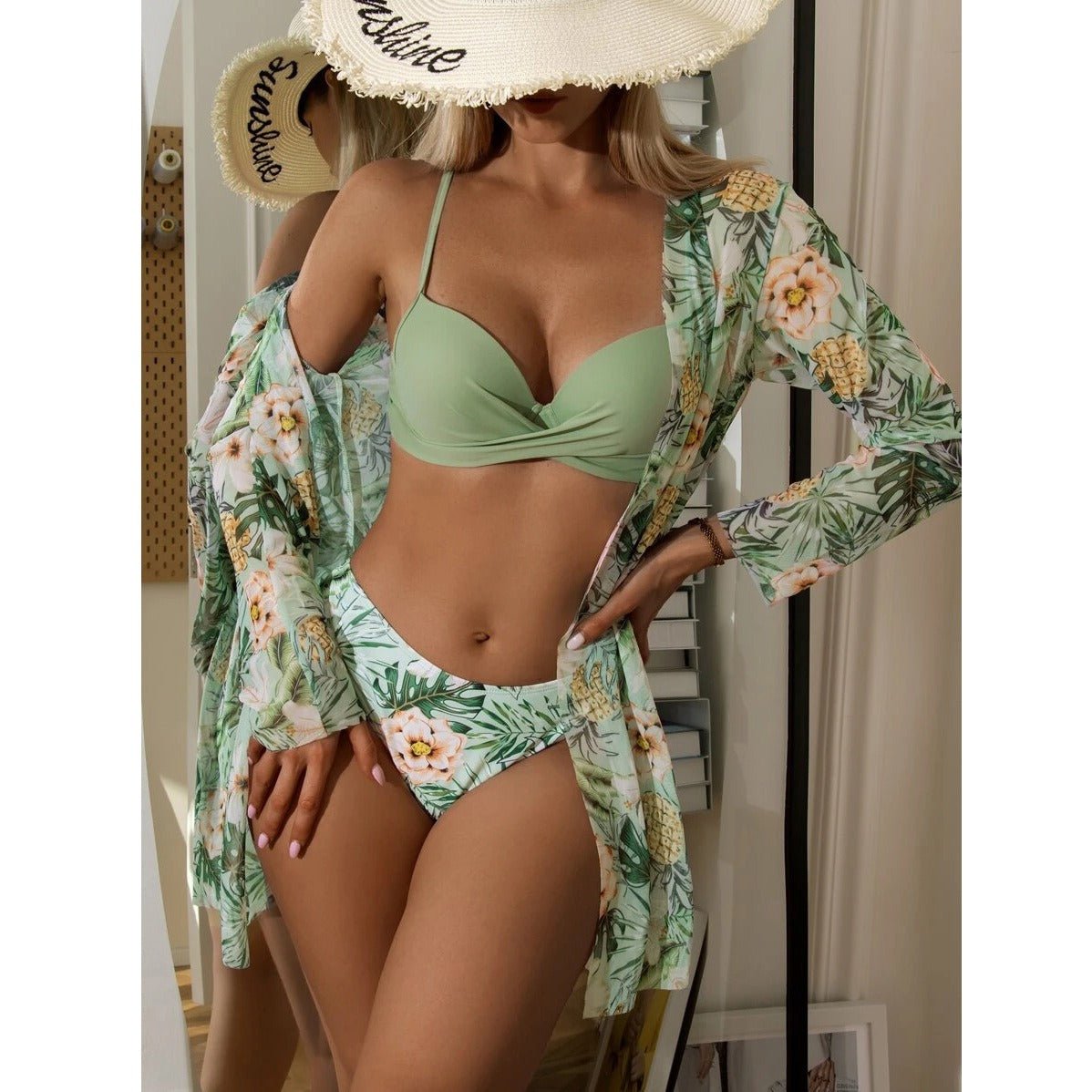 Sexy High Waist Damen - Bademode - 3 - teiliges Bikini Set mit Longsleeve - E79721C83F2C4BFBAA06FFB63E764076