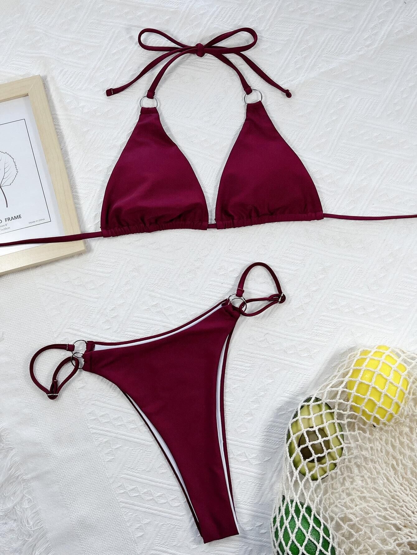 Sexy Split Swimsuit mit Triangle - Top für Damen - Solid Color Bikini - 8CFDBA767F8F495A9D9F14881570660C