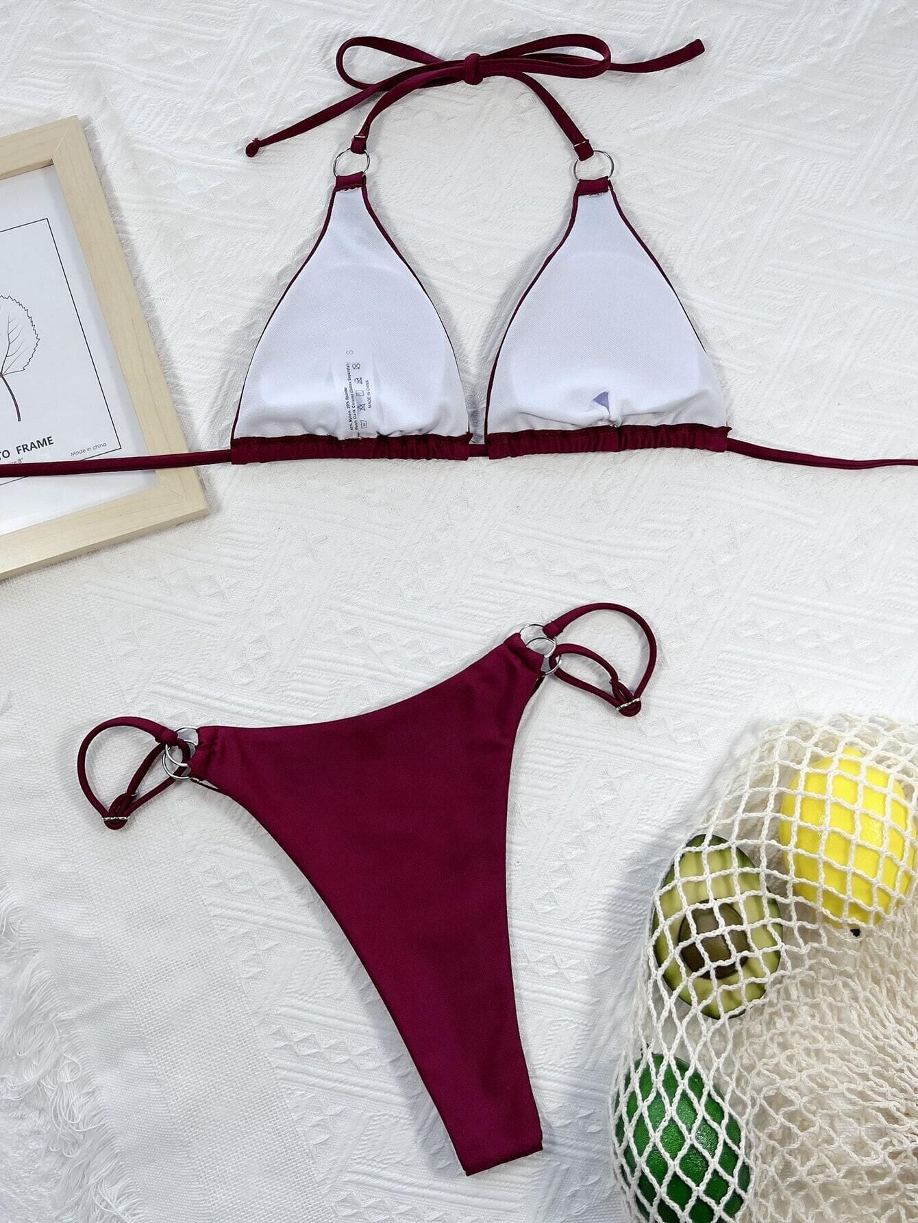 Sexy Split Swimsuit mit Triangle - Top für Damen - Solid Color Bikini - 8CFDBA767F8F495A9D9F14881570660C