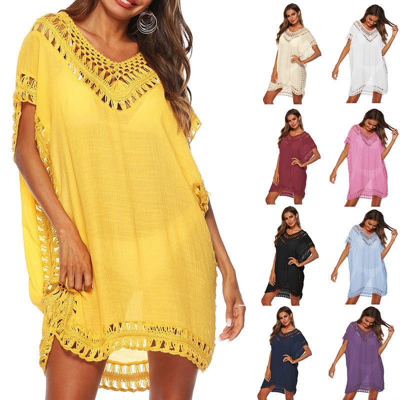 Bikini Cover - Up Kleid – V - Ausschnitt Strandkleid mit Häkeldetails für Damen - C67602A2225A4A579860C6F71CC244DB