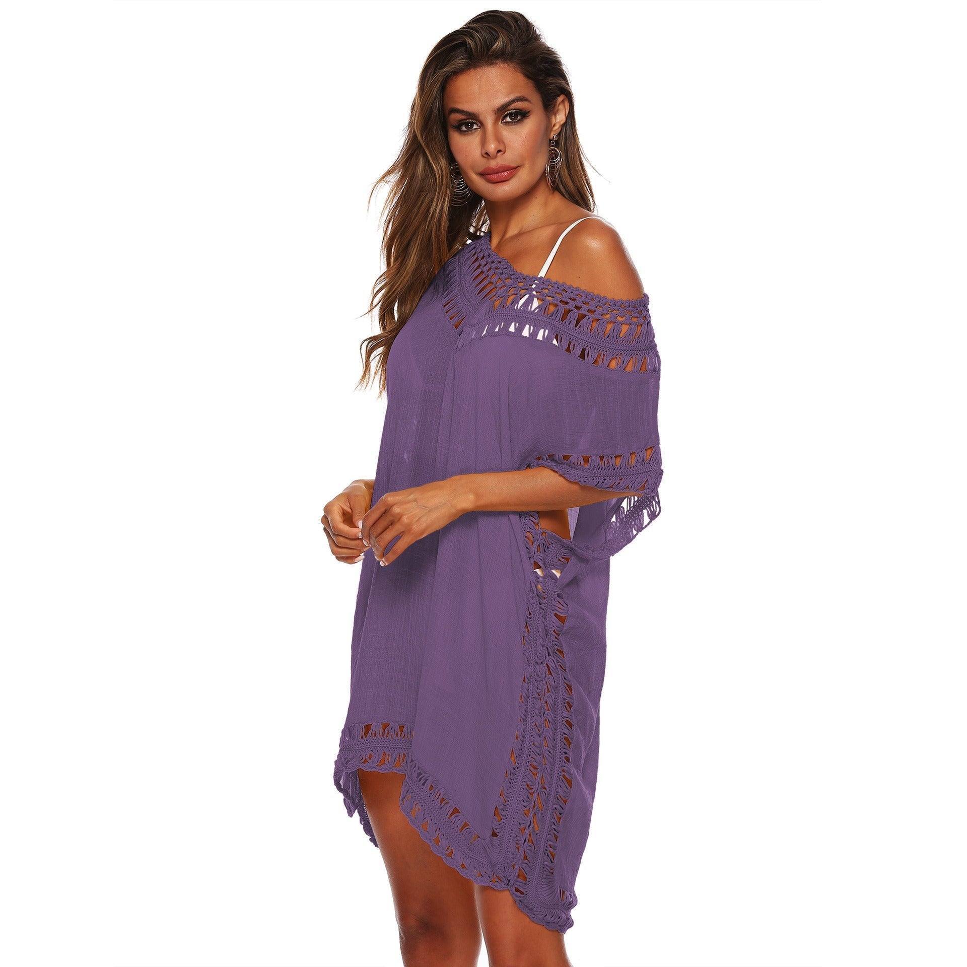 Bikini Cover - Up Kleid – V - Ausschnitt Strandkleid mit Häkeldetails für Damen - 752FF203717444929C0B2B878489CF94