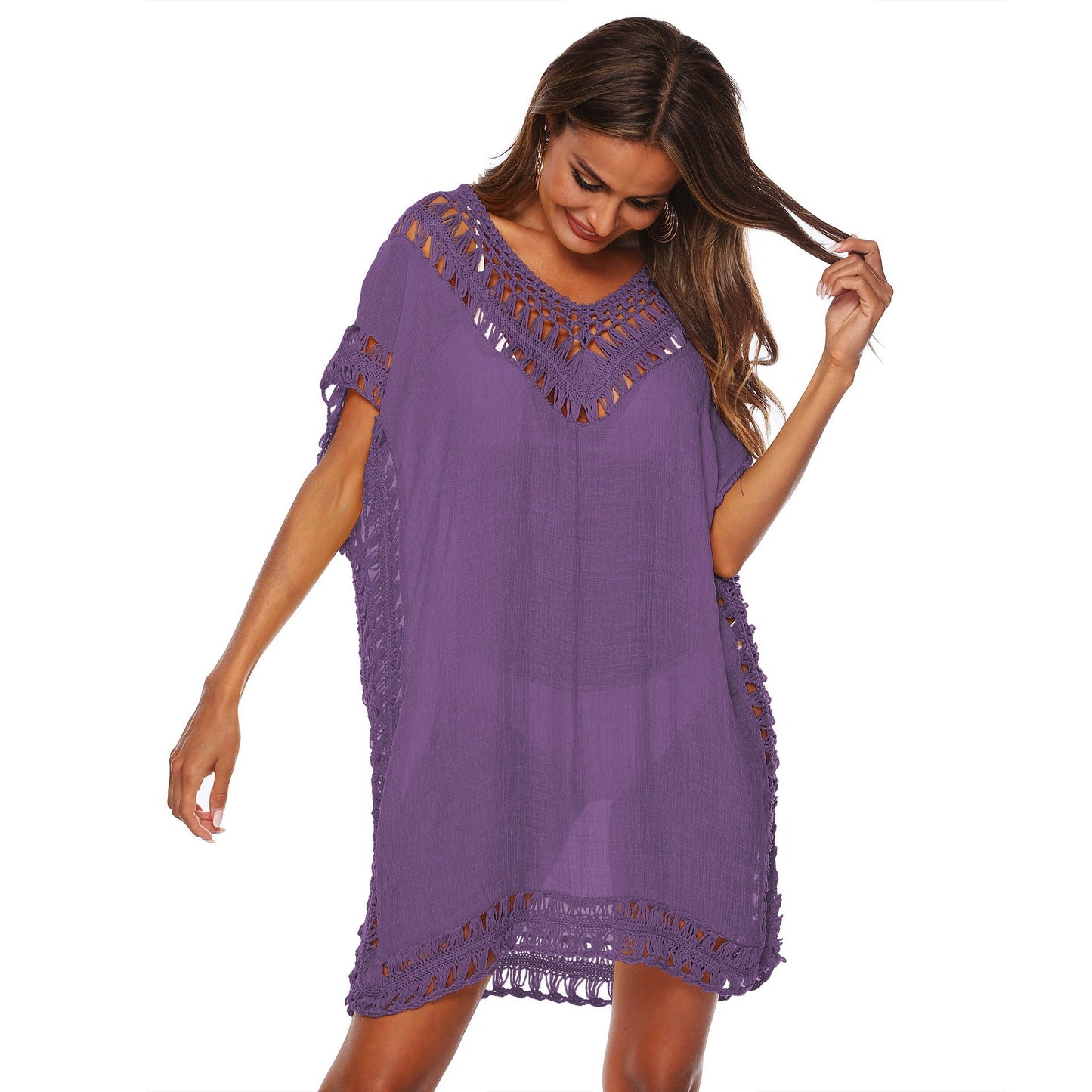Bikini Cover - Up Kleid – V - Ausschnitt Strandkleid mit Häkeldetails für Damen - 89FE6B04794F4DA8985C14EAE9F3C3E3