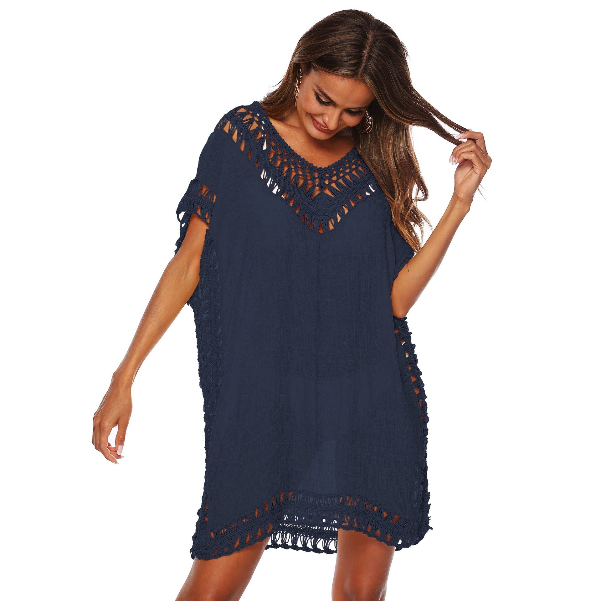 Bikini Cover - Up Kleid – V - Ausschnitt Strandkleid mit Häkeldetails für Damen - 18D7455ACCA144B0BBED480489325966