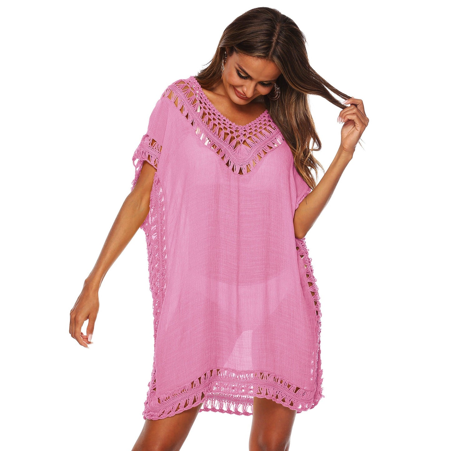 Bikini Cover - Up Kleid – V - Ausschnitt Strandkleid mit Häkeldetails für Damen - 18D7455ACCA144B0BBED480489325966