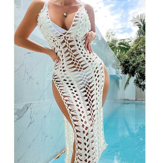 Sexy Bikini Cover - Up Kleid – Gehäkeltes Strandkleid mit hohem Schlitz für Damen - 728D03D24997428E8A9D7FD94F47B2D3