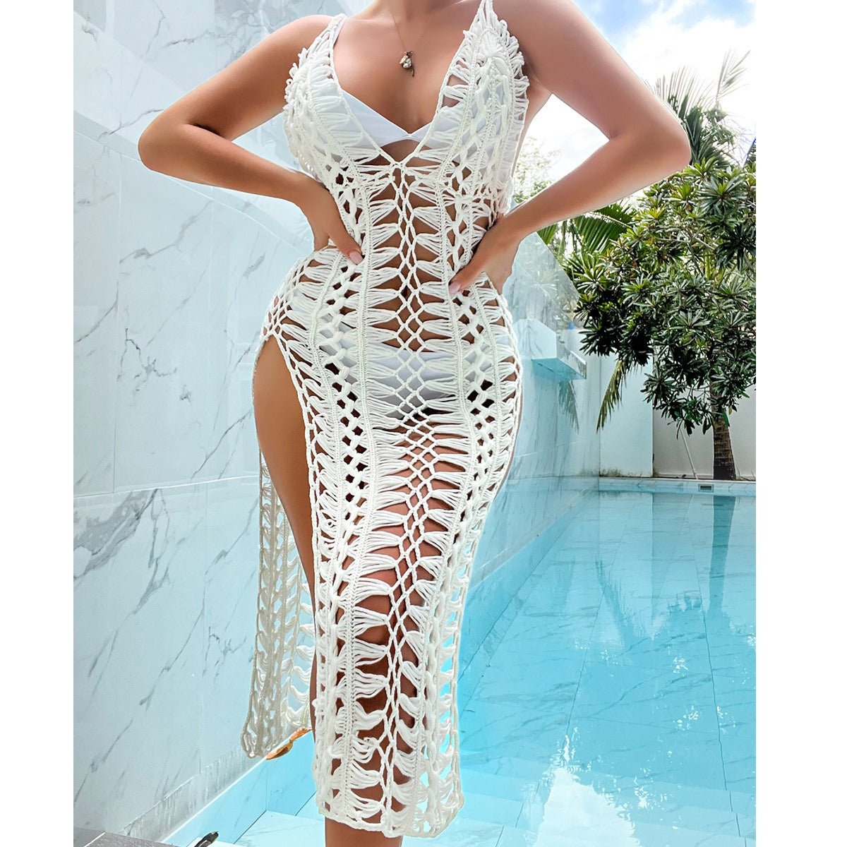 Sexy Bikini Cover - Up Kleid – Gehäkeltes Strandkleid mit hohem Schlitz für Damen - 728D03D24997428E8A9D7FD94F47B2D3