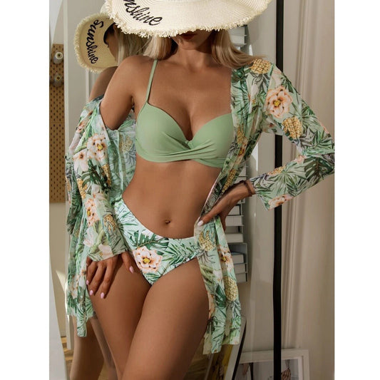 Sexy High Waist Damen - Bademode - 3 - teiliges Bikini Set mit Longsleeve - E79721C83F2C4BFBAA06FFB63E764076